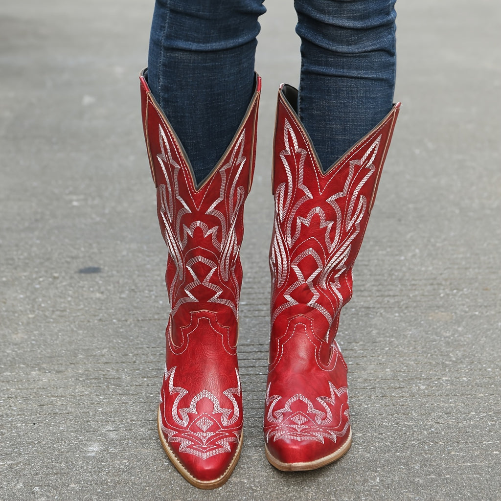 [Retro Cowgirl Boots] Retro Style Women's Western Mid Calf Boots | V-cut Embroidery Cowgirl Boots, Pointed Toe Slip On Shoes