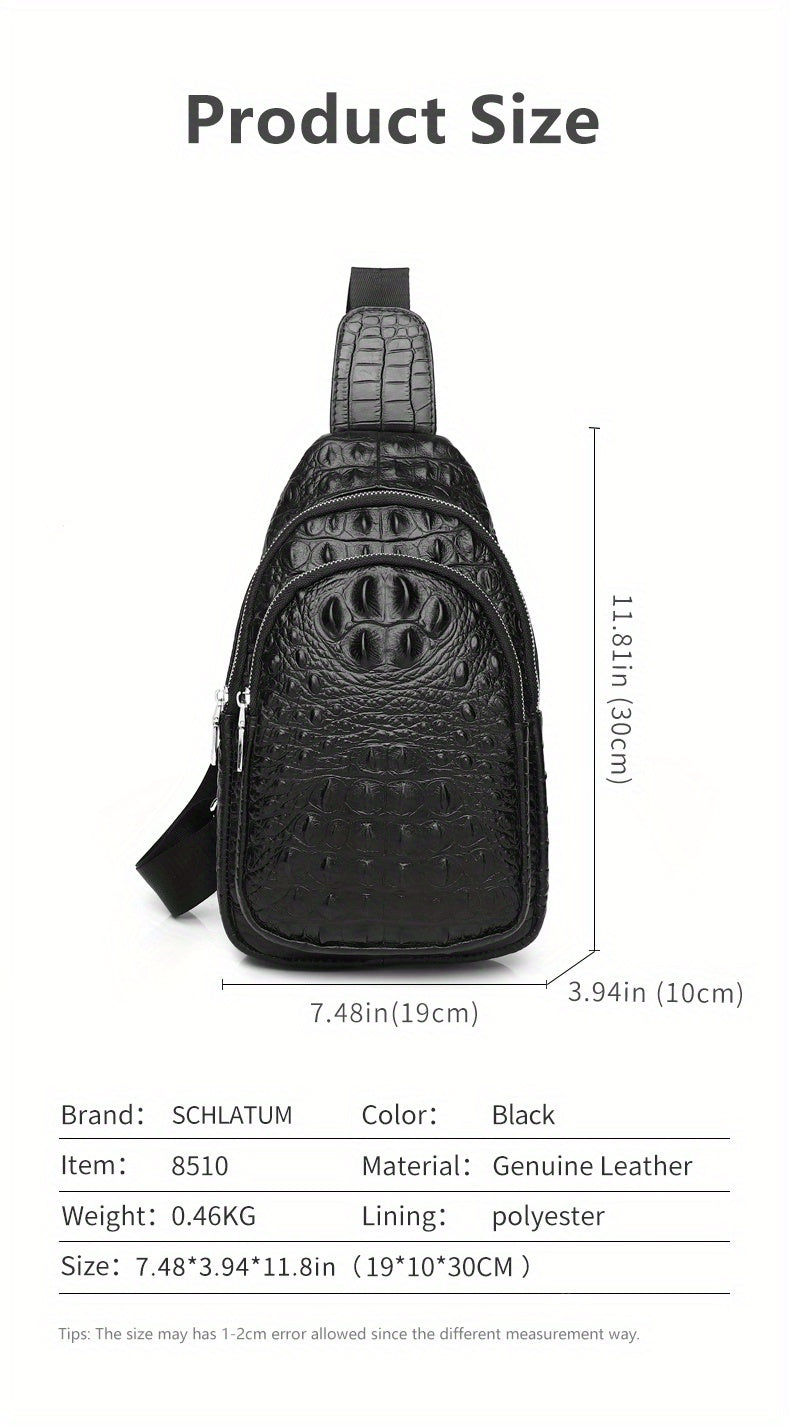 SCHLATUM Men and Women's Genuine Leather Crocodile Pattern Crossbody Bag - Large Capacity, Multifunctional for Travel, Sports & Camping