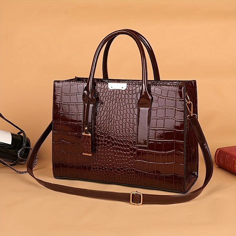 Crocodile Embossed Handbag, Trendy PU Leather Top Handle Purse, Women's Solid Color Shoulder Bag
