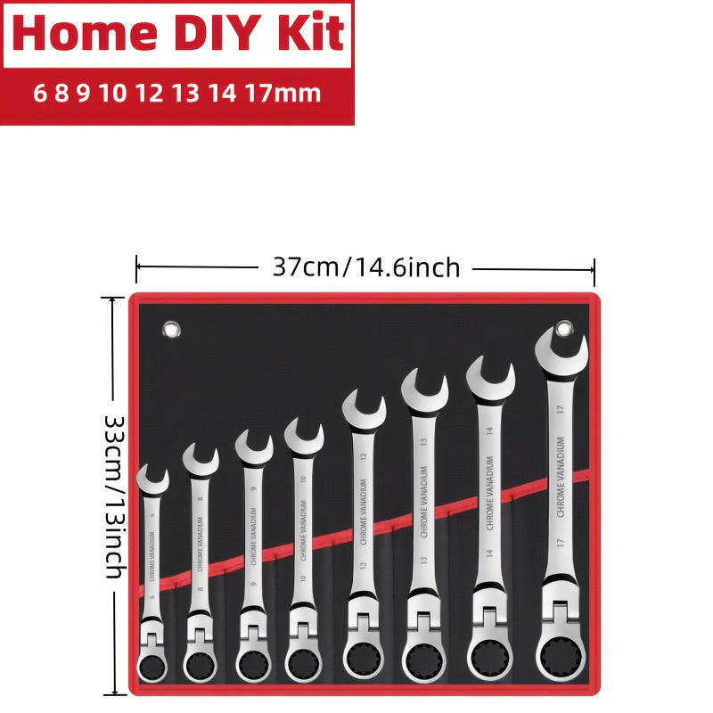 8pcs Ratchet Wrench Set | 72 Teeth 180° Flexible Head | CR-V Chrome Vanadium Steel Rust-Resistant and Durable | Includes Drawstring Bag for Storage | Suitable for Automotive/Home DIY Repair
