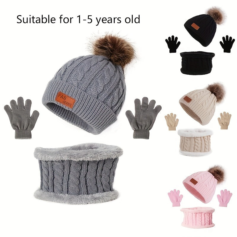 3pcs Youngsters Knitted Thermal Beanie Hat & Gloves & Scarf Set for Winter Warm Accessories