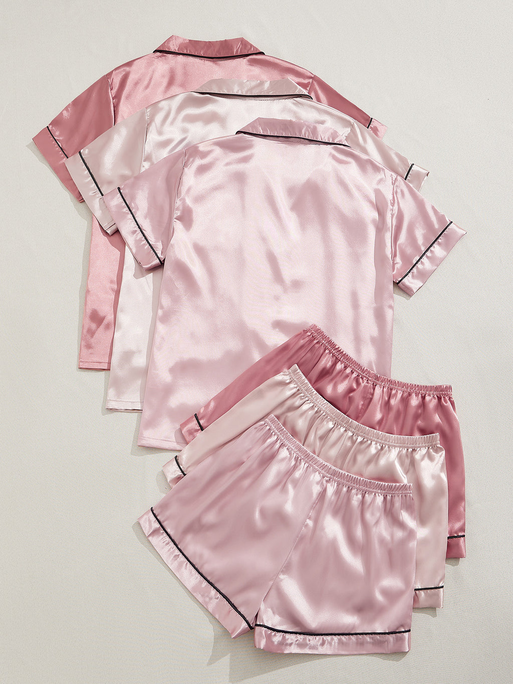 3 Sets Satin Pajama Set, Short Sleeve Lapel Top & Elastic Waistband Shorts, Women's Sleepwear & Loungewear