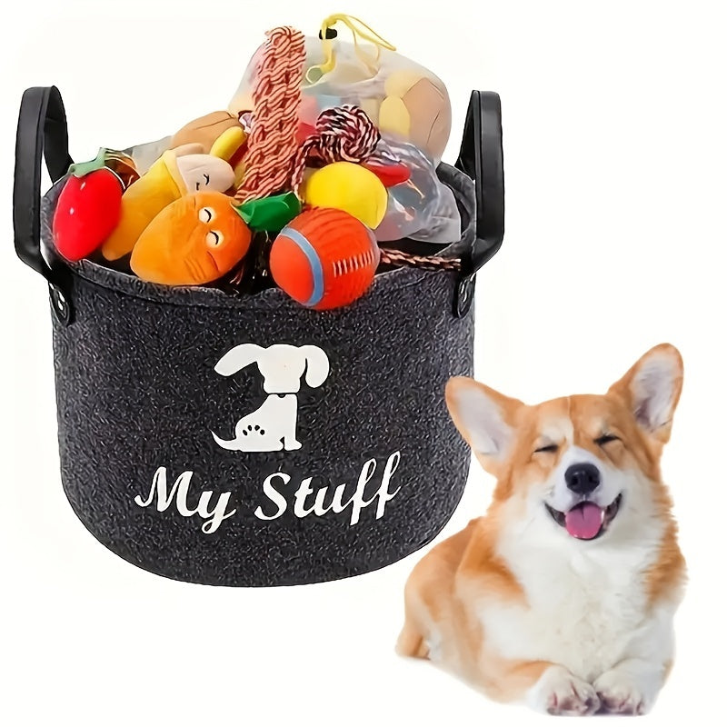 Large Capacity Felt Pet Toy Storage Basket - Cute Tiger Design, Collapsible Organizer for Cat & Dog Toys and Accessories