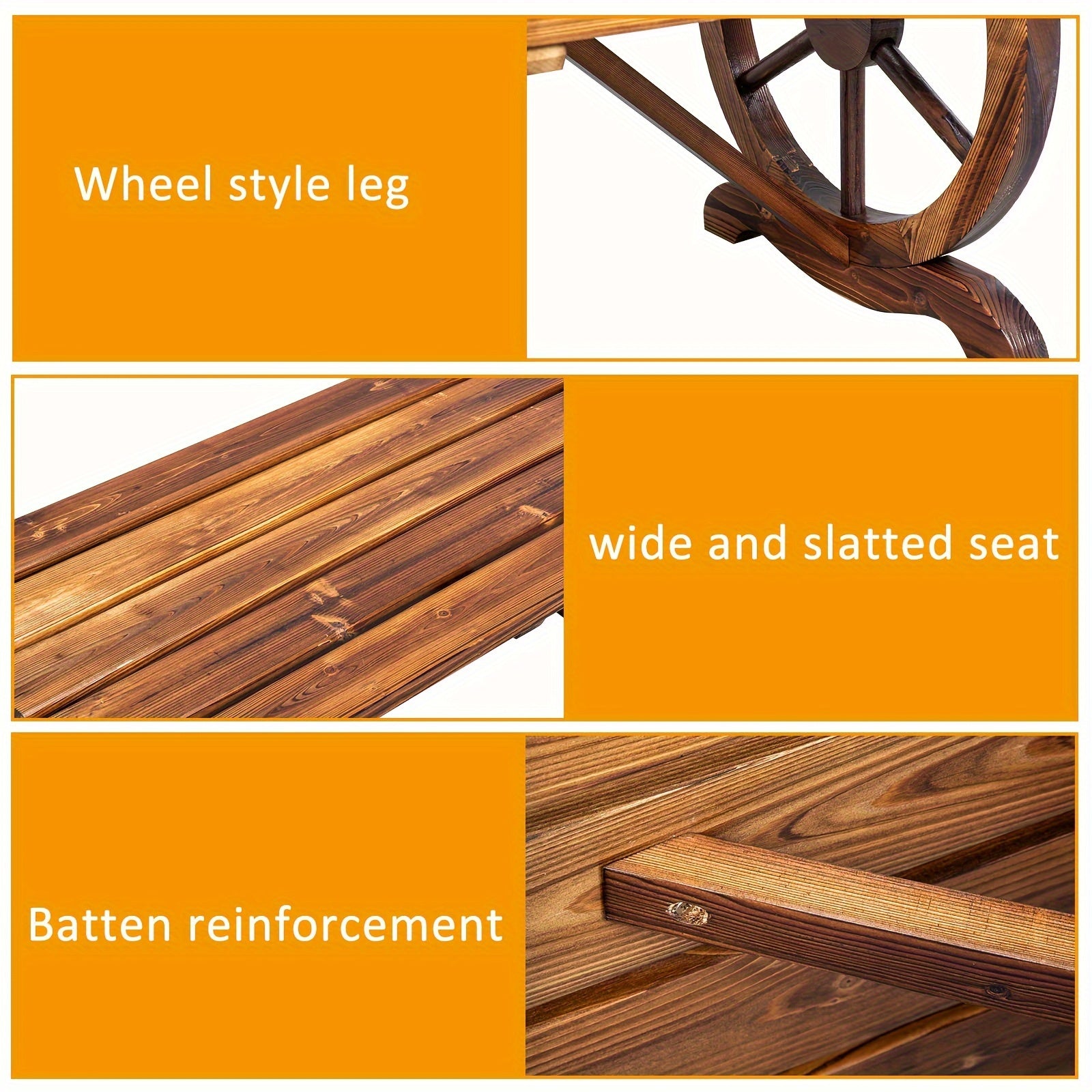 Outdoor 2-Person Rustic Hardwood Garden Bench with Wagon Wheel Design - Heavy-Duty Brown Wood Construction, Sturdy Wide Seat & Curved Backrest for Patio, Porch, Backyard - Durable All-Weather Furniture (No Batteries/Electrici