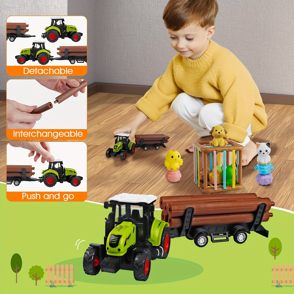 Montessori Toys For 1 2 3 Year Old Kids, 4 In 1 Farm Animals Barn Toys For Toddlers 1-3, Veenggie Sorting Set, Farm Tractor With Trailer, Stacking Toys Gift For Baby Boys Girls