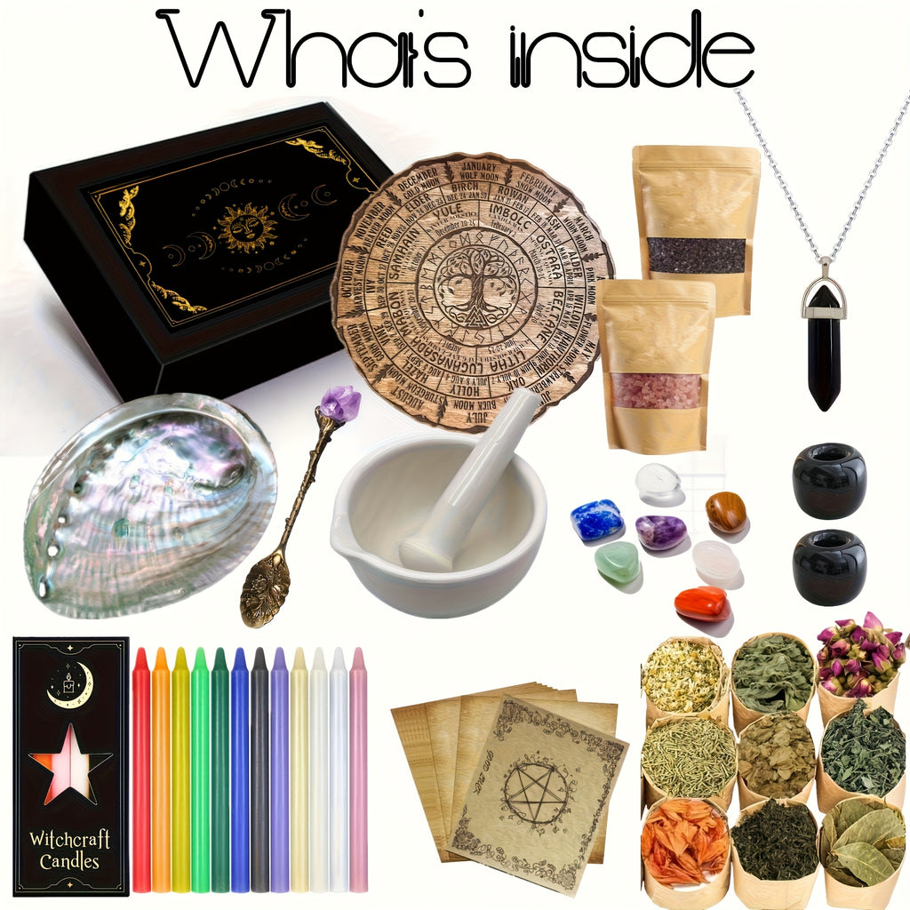 Witchcraft Kit with Grinding And Pounding Tank - Candles, Witches Crystals, Dried Flowers, Vanilla, Beginner Box Starter. Suitable for Full Moon Ceremonies And Decorative Materials for Magic. Ideal for Gifting During Black Hi