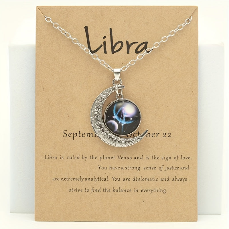 Glow-in-the-Dark Zodiac Necklace with Vintage Moon Pendant - Stylish Aquarius/Sagittarius/Leo/Leprechaun/Night & Sun Signs, Colorful Glass Charms, Zinc Alloy, Perfect Gift for Men