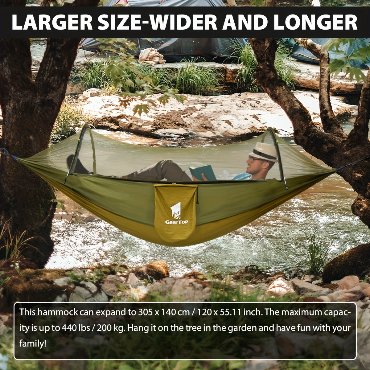 GEERTOP 3in 1 Outdoor Hammock with Mosquito Net Sun Shelter, Double Sleep Rest Camping Hammock for Backpacking Travel Garden Park