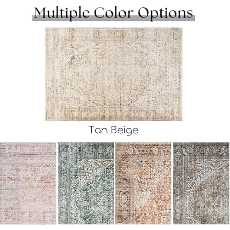 Boho Neutral Living Room Rug 5x7Washable Vintage Rustic Earth Tone Modern Farmhouse Style Easy to Clean Stain Resistant Area Rugs for Bedroom Dining Room Light Tan Brown and Beige
