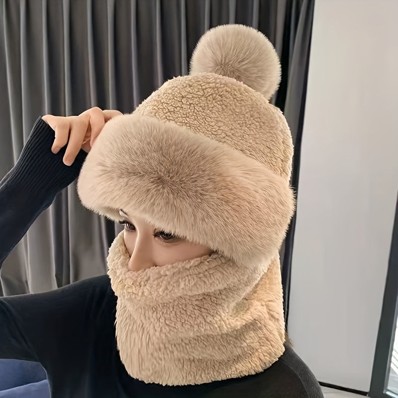Thermal Warmth Beanie Hat - Soft Pom, Thickened Plush Neck Gaiter, Windproof Hooded Ear Protection, Ski Mask, Cycling Balaclava for Women, Outdoor Winter Sports, Cold Weather Accessories