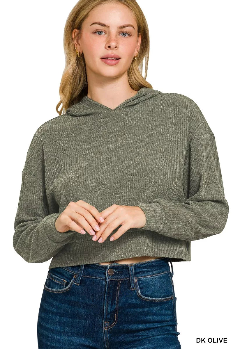 Zenana Ribbed Drop Shoulder Crop Hoodie
