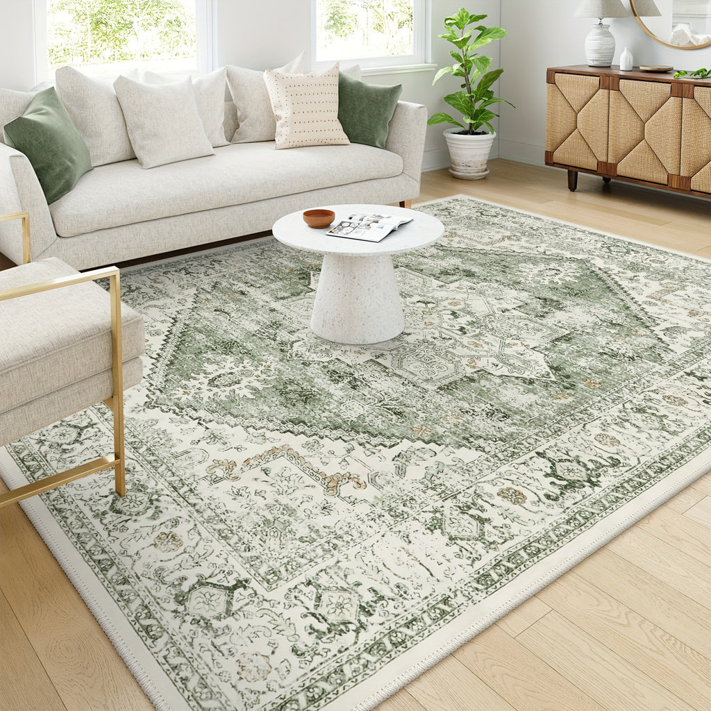 Vintage Distressed Accent Rug - Area Rugs with Non-Slip Low-Pile Retro Carpet Print, Washable and Durable for Bedroom, Living Room, Office, and More - Unique Tribal Pattern, Easy to Clean, and Fade-Resistant