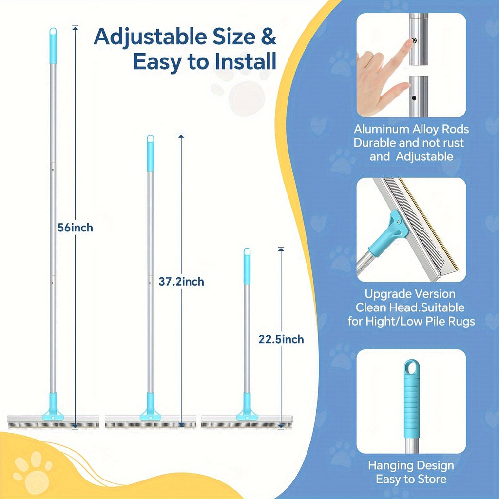 2 Pack Pet Hair Remover Bundle - Ajustable Longth Large Carpet Rake & Portable Scraper, Reusable Lint Remover Brush For Embedded For Removal From Hight/ Low Pile Rugs Stairs Carpet Dog Cat Hair Remover