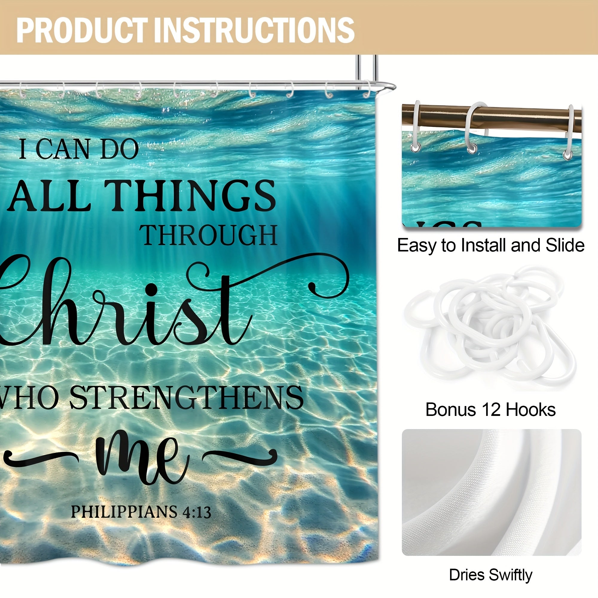 4pcs/1pc Beach Ocean Bible Verse Shower Curtain Set, Blue Ocean Seaside Decor with Inspirational Scripture Quotes, Summer Coastal Seascape Fabric, High Quality Polyester Bathroom Set with 12 Hooks, Non-Slip Rugs, Toilet Lid C