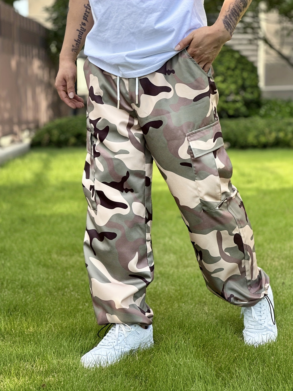 Men's Camo Cargo Pants - Durable Polyester, Multi-Pocket Design for Outdoor & Casual Wear, All Seasons
