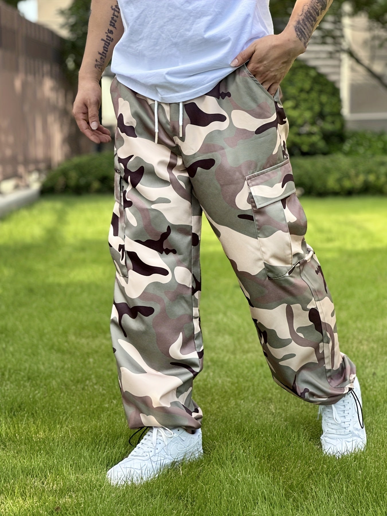 Men's Camo Cargo Pants - Durable Polyester, Multi-Pocket Design for Outdoor & Casual Wear, All Seasons