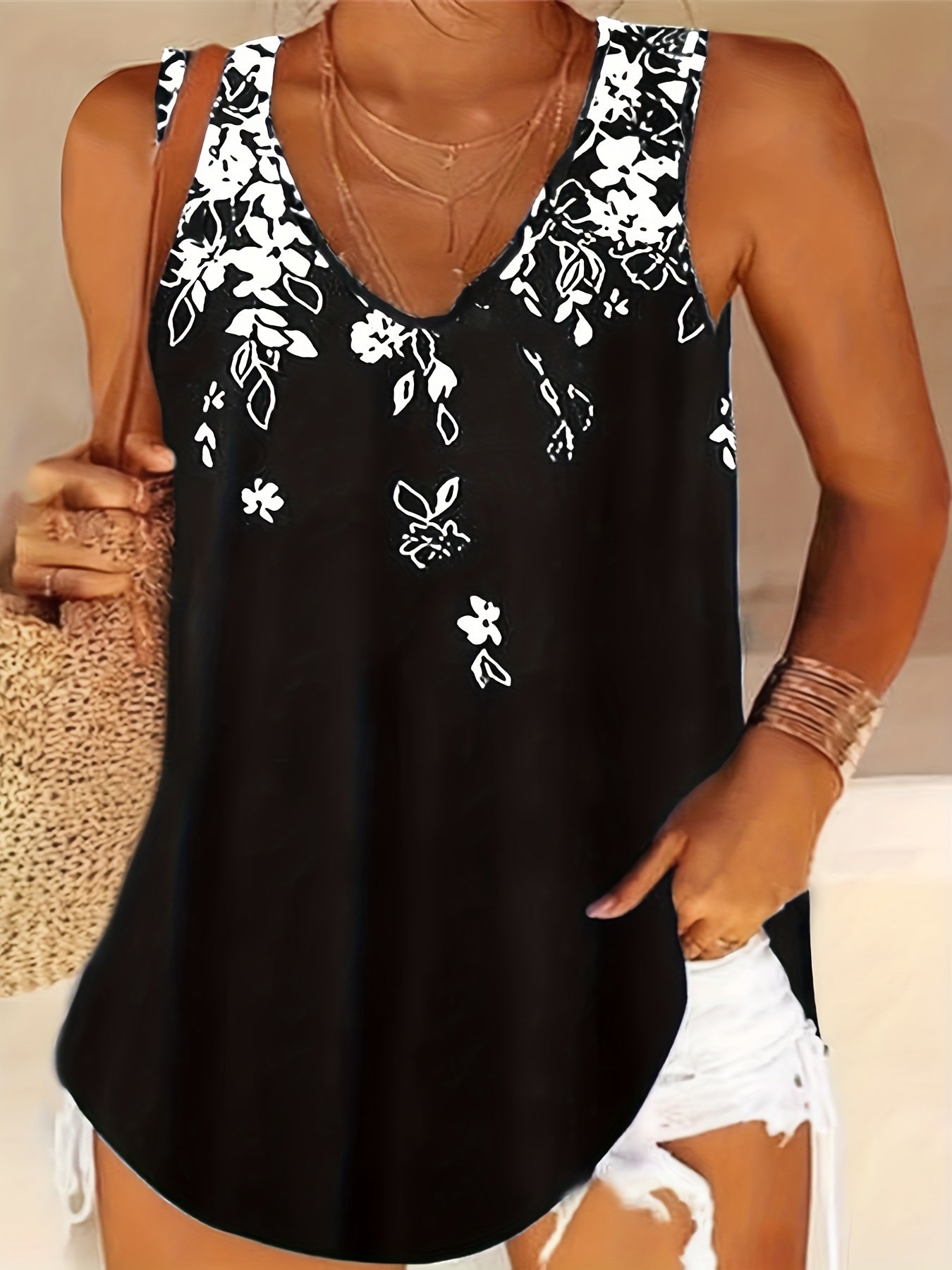 Plus Size Casual Top, Women's Plus Floral Print V Neck Slight Stretch Tank Top