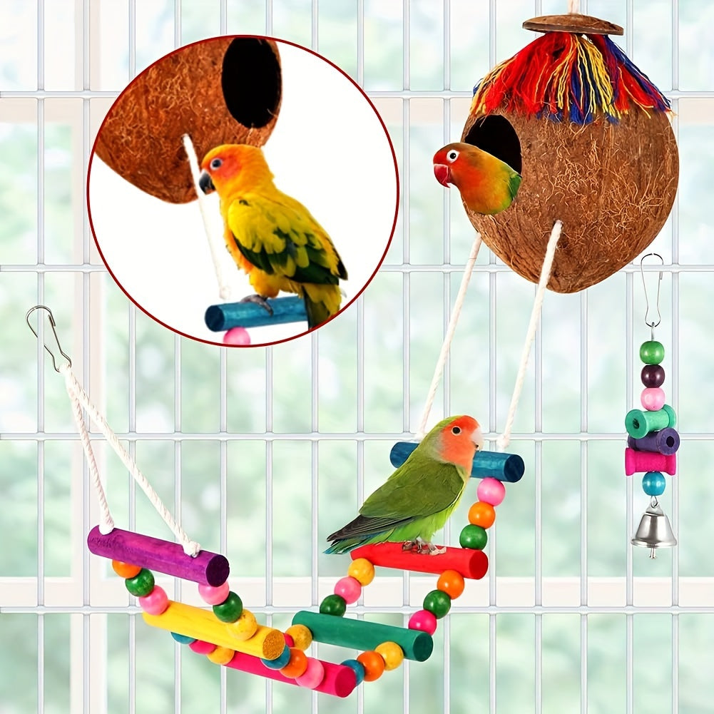 1/3/5pcs Random Bird Toys Bird Parakeet Swing Chewing Hanging Toys Climbing Ladder Coconut Bird Cage Toys Suitable for Cockatiels, Conures, Finches, Budgie, Love Birds