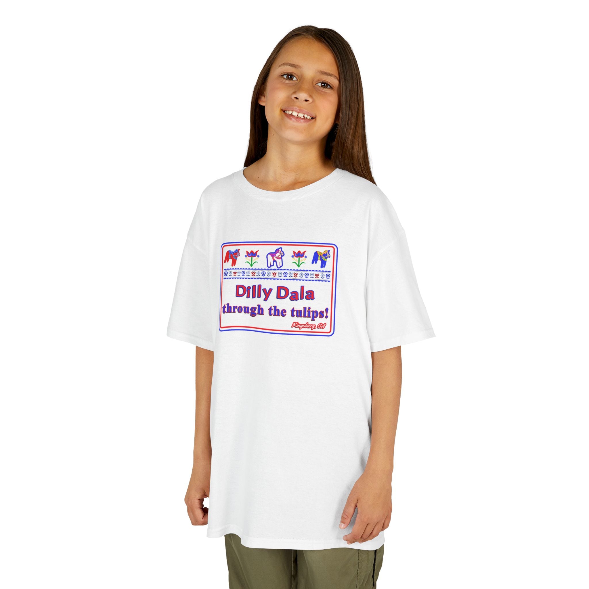 Kids Tee — "Dilly Dalla Through the Tulips" Colorful Tulip Kids Shirt