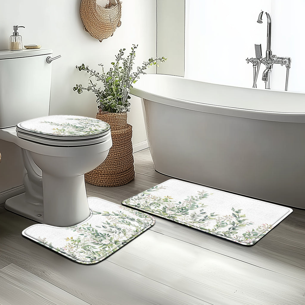 4pcs Sage Green Eucalyptus Shower Curtain Set, Watercolor Floral Plant Leaves, Waterproof Bathroom Accessories With 12 Hooks, Non-Slip Rugs, U-Shaped Mat, Toilet Seat Cover, Nordic Botanical Fresh Green & Gray Eucalyptus Leaf