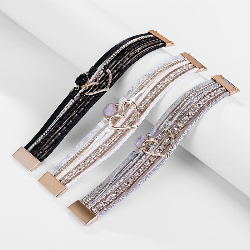 [Boho Chic Heart Bracelet] Boho Chic Multi-Layer PU Leather Magnetic Clasp Bracelet - Black Braided Design & Crystal Accents, Golden-Tone Metal Heart Pendant, Elegant Love Heart