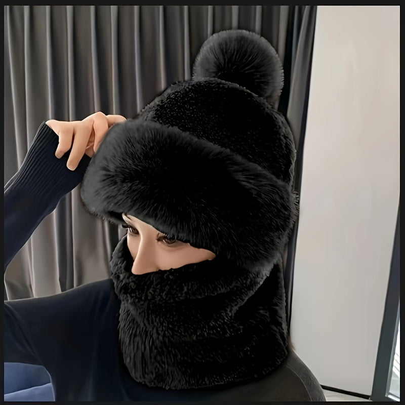 Thermal Warmth Beanie Hat - Soft Pom, Thickened Plush Neck Gaiter, Windproof Hooded Ear Protection, Ski Mask, Cycling Balaclava for Women, Outdoor Winter Sports, Cold Weather Accessories
