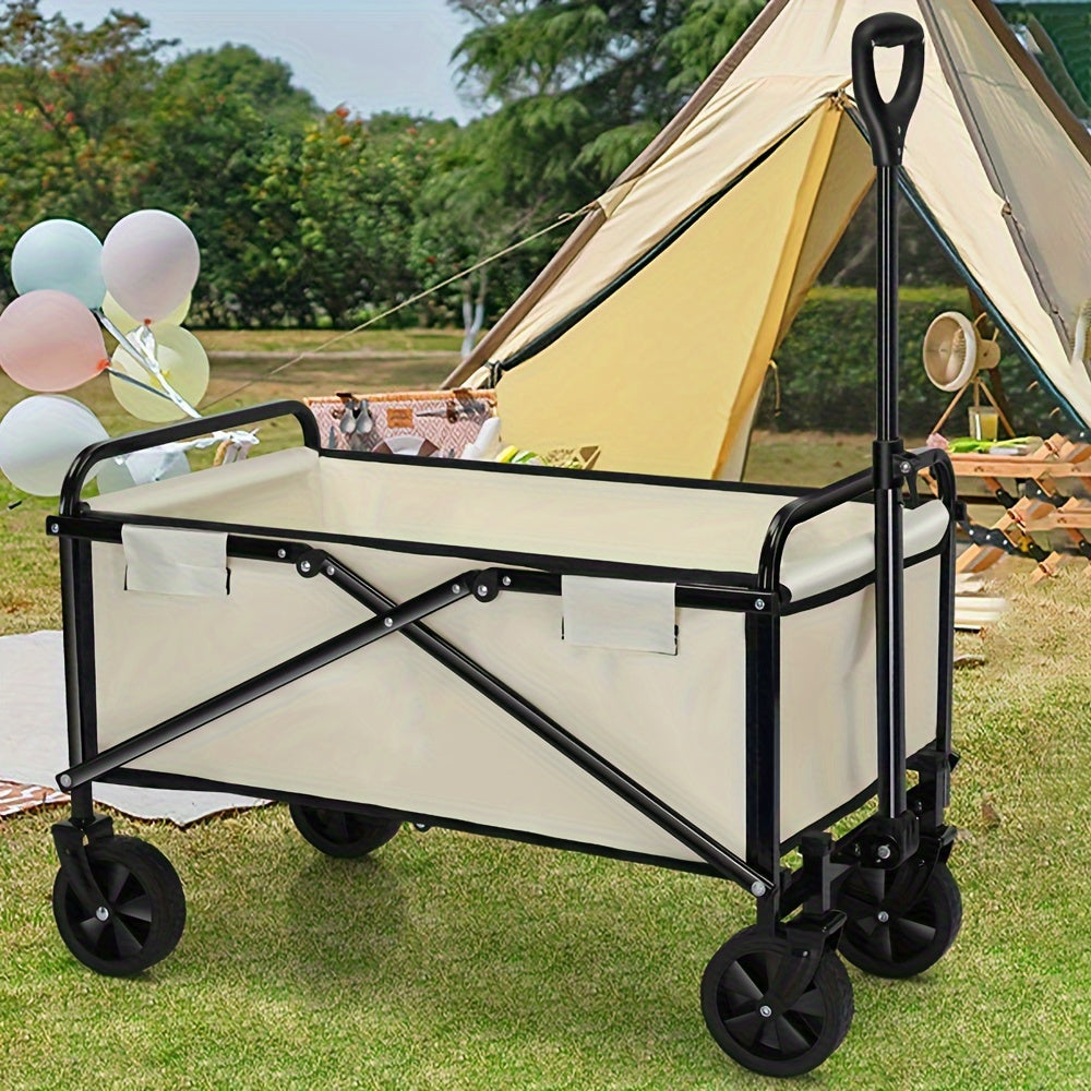 1pc Folding Outdoor Utility Wagon, Portable Collapsible Garden Cart With Adjustable Handle, Heavy Duty Plastic Camping Trolley, Easy Storage Home Shopping Trailer