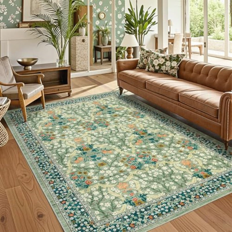 Floral Area Rugs 5x7 Sage Green Washable Rug for Living Room Bedroom Low Pile Non Slip Stain Resistance Indoor Boho Carpet Mat for Farmhouse Dining Room Office