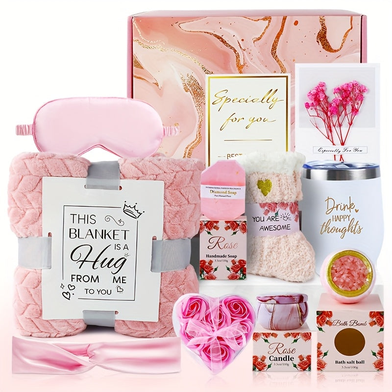 Bath Gift Set with Rose Scented Candles, Dried Flowers, Bath Salt Balls, Water Cups, Eye Masks, Gift Cards, Blankets, Soaps, Socks, Hair Ribbons, Can Be Used As Birthday, Christmas, Mother's Day, Valentine's Day Gifts for Fam