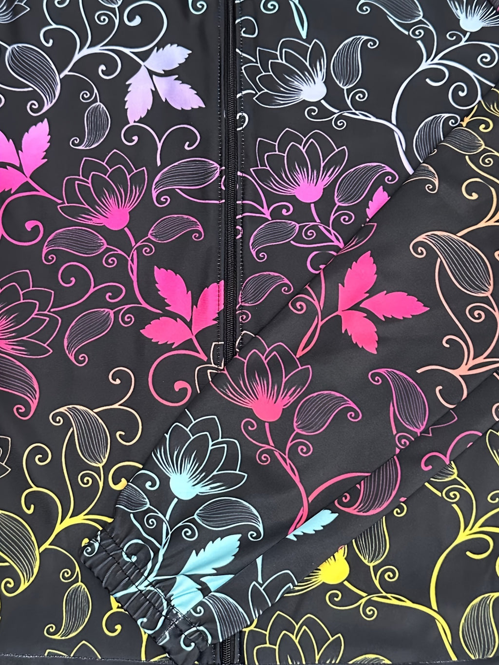 Plus Size Sports Jumpsuit, Women's Plus Colorful Leaf Graphic Long Sleeve Zip Up Biker Fitness Jumpsuit