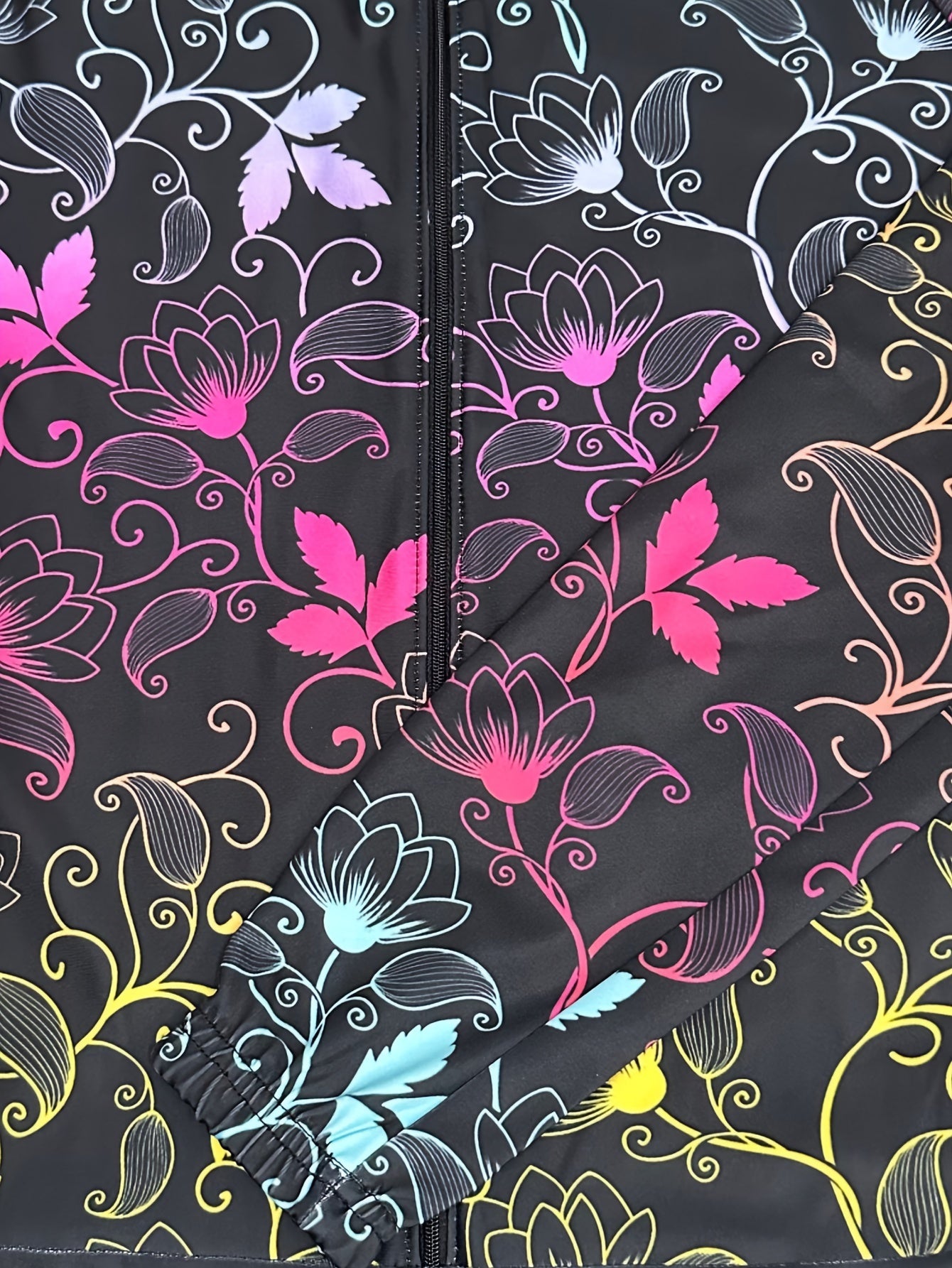 Plus Size Sports Jumpsuit, Women's Plus Colorful Leaf Graphic Long Sleeve Zip Up Biker Fitness Jumpsuit