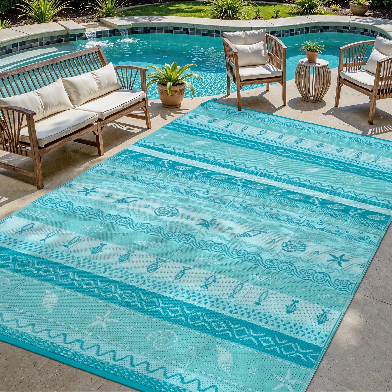 Coastal Outdoor Rug, Reversible Ocean Beach Theme Striped Patio Plastic Straw Rugs, Tribal RV Camping Outside Carpet Mat For Pool Back Yard Deck