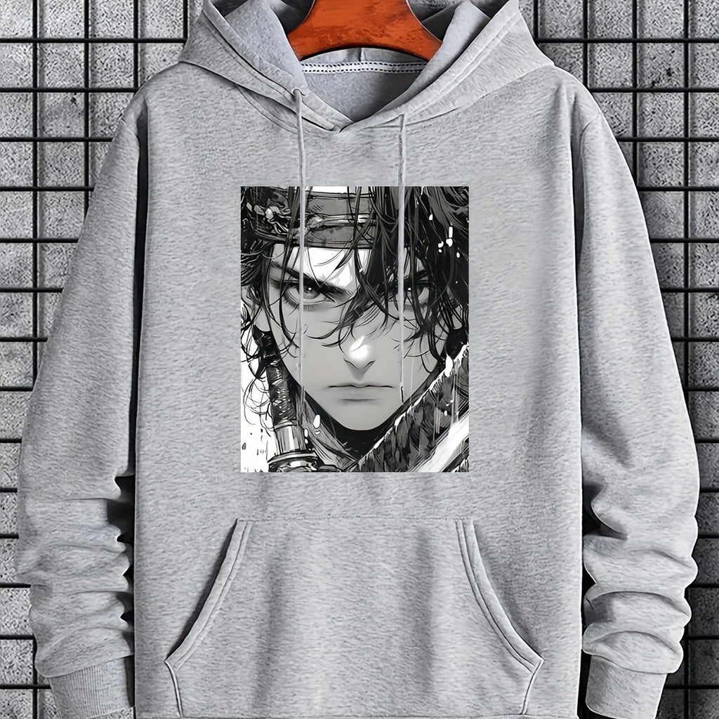 Mens Geometric Pattern Hooded Sweatshirt - Stretchy Pullover with Kangaroo Pocket, Applique Details, and Machine Washable Polyester Fabric - Casual Sports Style for Everyday Wear