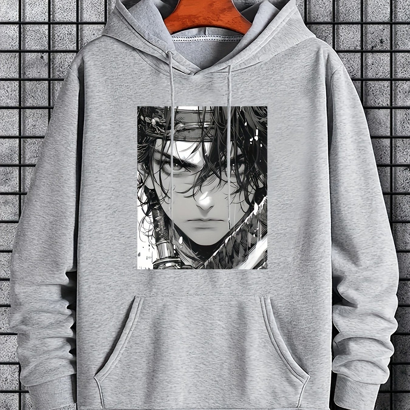 Mens Geometric Pattern Hooded Sweatshirt - Stretchy Pullover with Kangaroo Pocket, Applique Details, and Machine Washable Polyester Fabric - Casual Sports Style for Everyday Wear