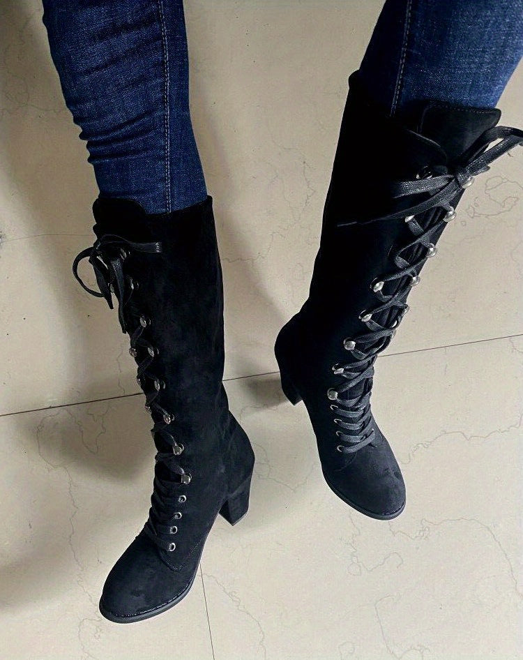 Women's Heeled Knee High Boots, Solid Color Lace Up Chunky Heeled Boots, Versatile Comfy Long Boots