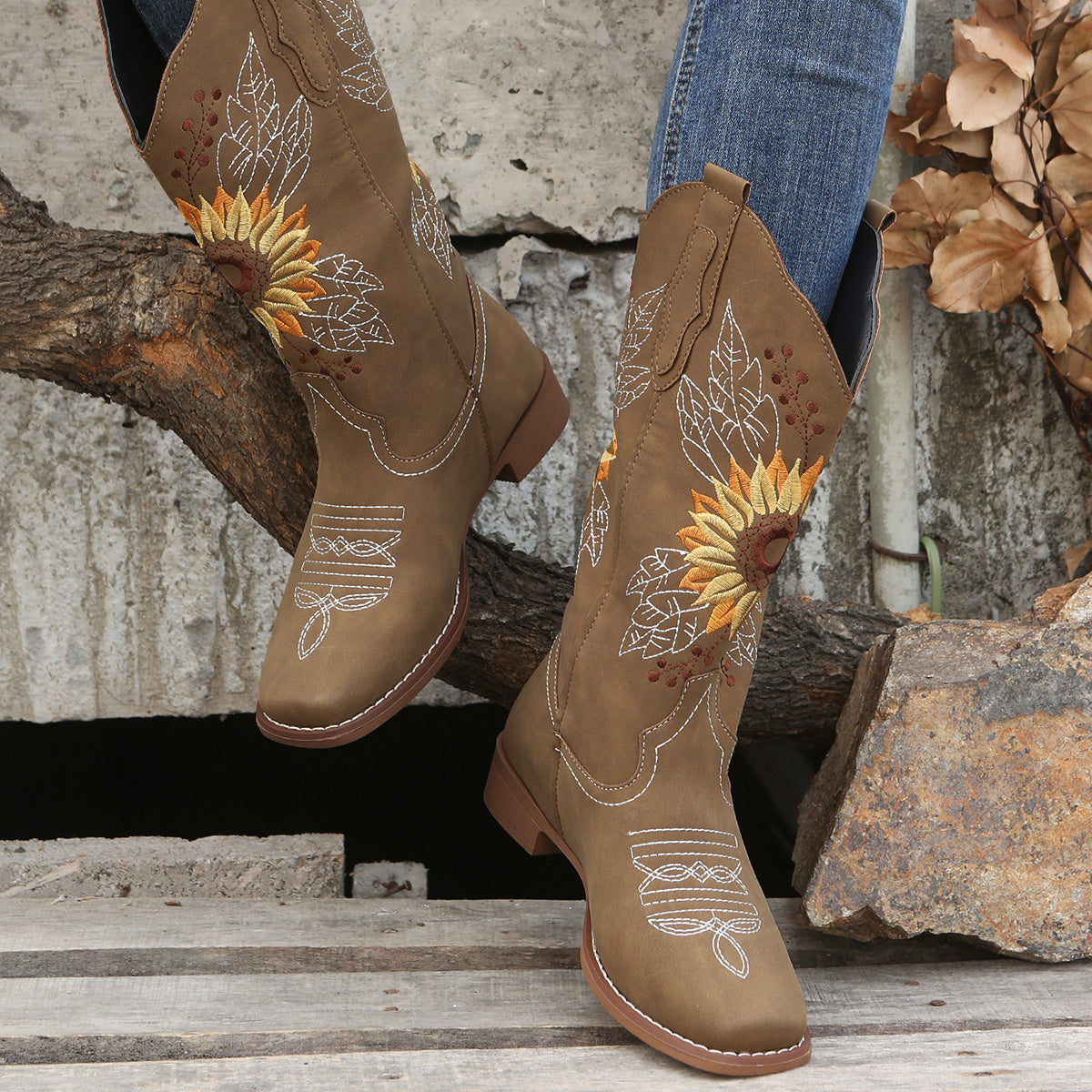 Women's Embroidered Mid Calf Western Boots, Faux Leather Fashion Boots, Women's Footwear