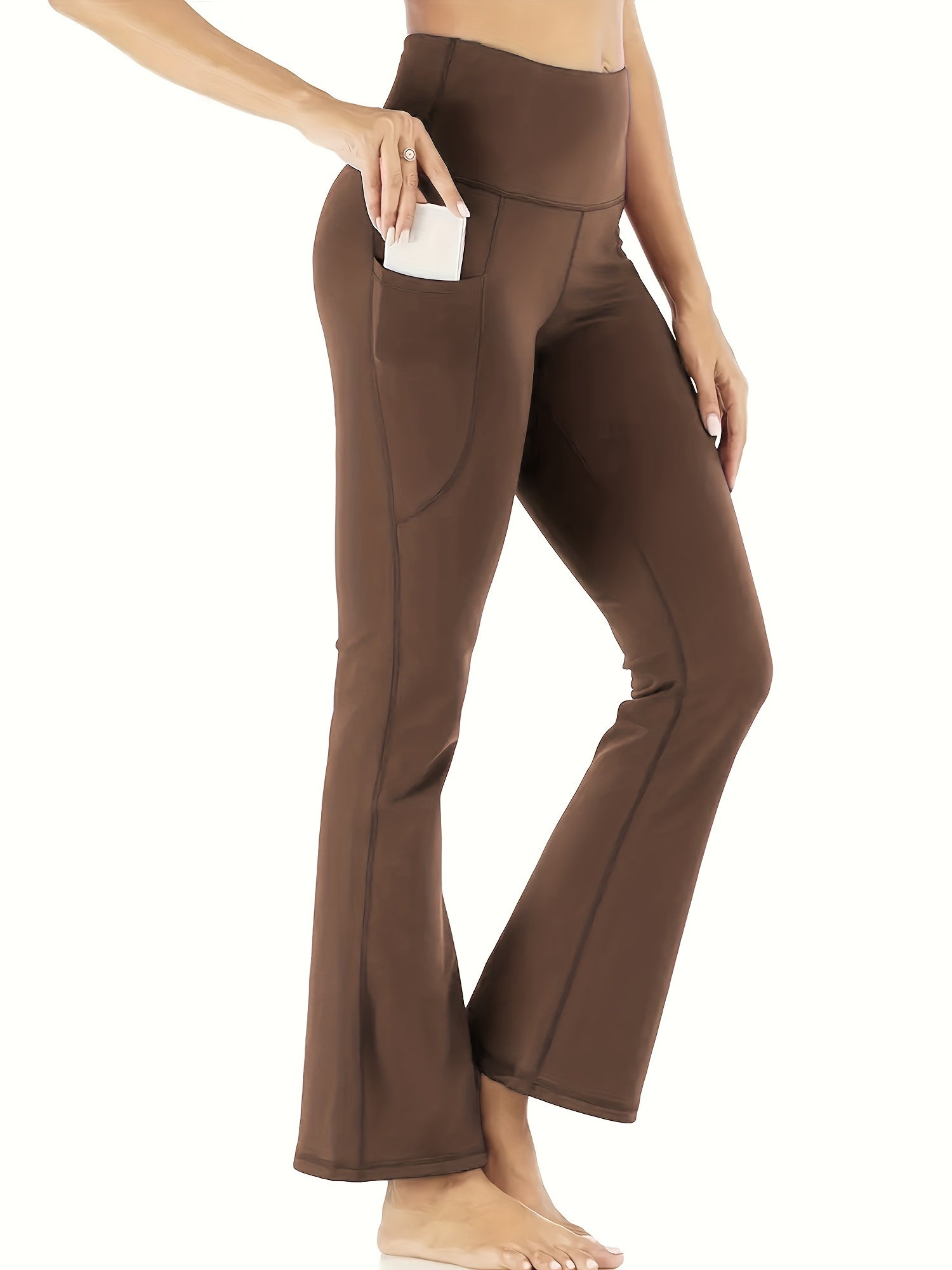 [Yoga Leggings] High Waist Solid Color Running Yoga Flare Leggings | Women's Activewear Wide Leg Bootcut Pants, Side Pocket Sports Workout