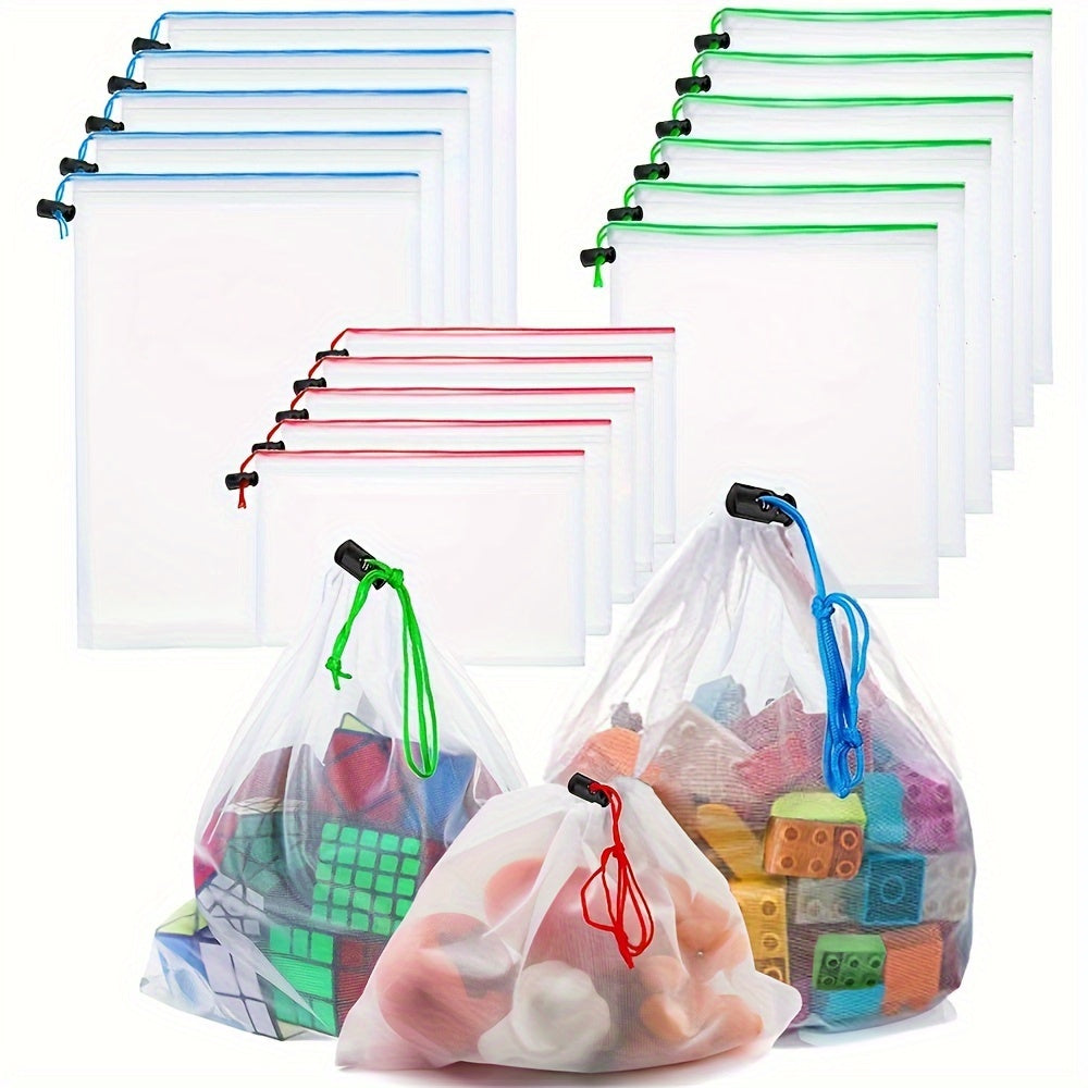 16pcs Reusable Mesh Storage Bags with Drawstring - Perfect for Toys, Fruits & Vegetables Organizer