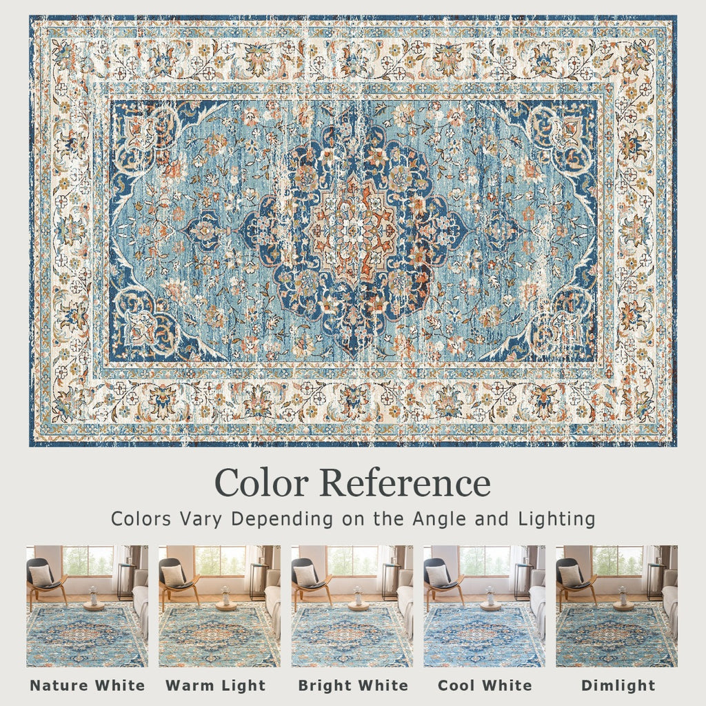 Machine Washable Rug with Non-Slip, Blue Area Rug, Vintage Boho Area Rug for Living Room Bedroom Dining Home Office Rugs