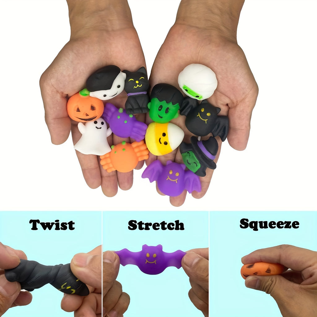 36-Pack Mini Squishy Halloween Toys Set - TPR Stress Relief Squeeze Figurines Ages 8-12 - Variety of Ghosts, Pumpkins, Bats & More
