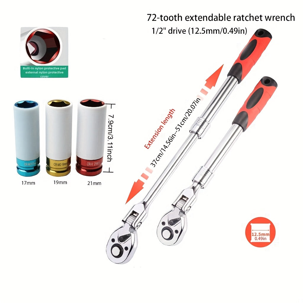 4pcs wheel hub protection hexagonal deep socket/ratchet wrench set, 1/2" drive, metric 17, 19, 21mm wheel guard six-point deep socket, 1/2" oscillating and telescopic