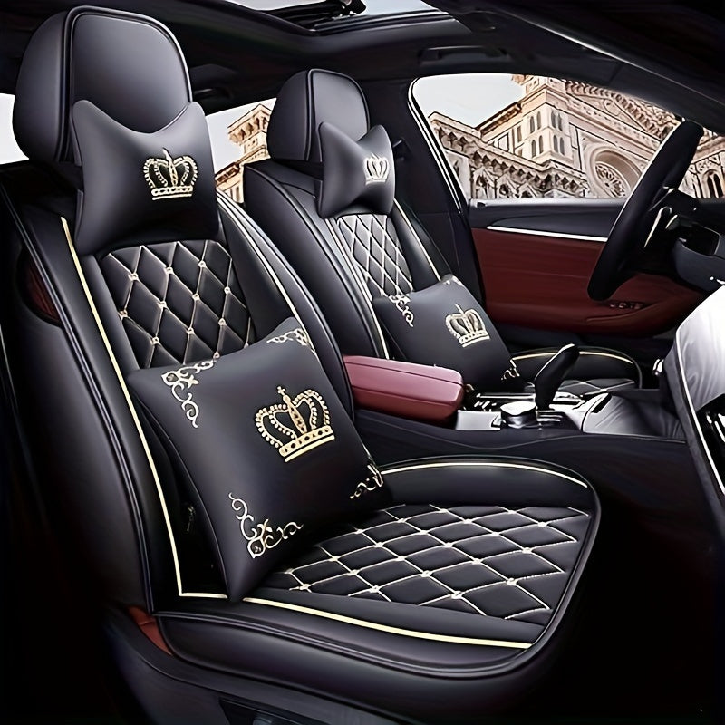 Full Set Car Seat Covers, Crown PU Leather Car Seat Cover Full Surround, Comfortable Automotive Vehicle Cushion Cover Fit For Most 5 Seats Cars/SUV/Truck/Vans