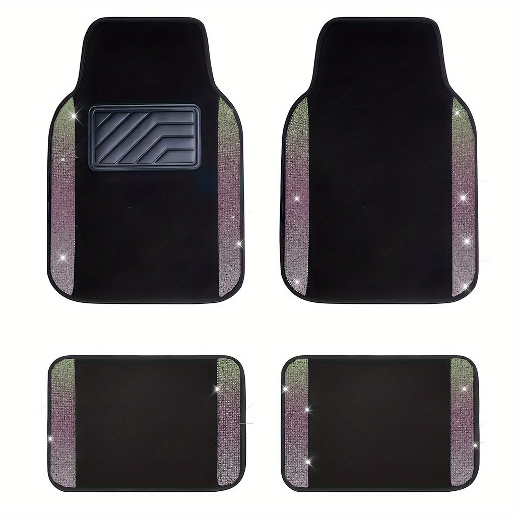 Car Floor Mats Shining Rhinestones Carpet, Bling Crystal Diamond Sparkly Glitter Car Floor Mats with Anti-Slip PVC Heel Pad Automotive Universal for SUV, Sedan, Car, Van, 4pcs for Girl Women