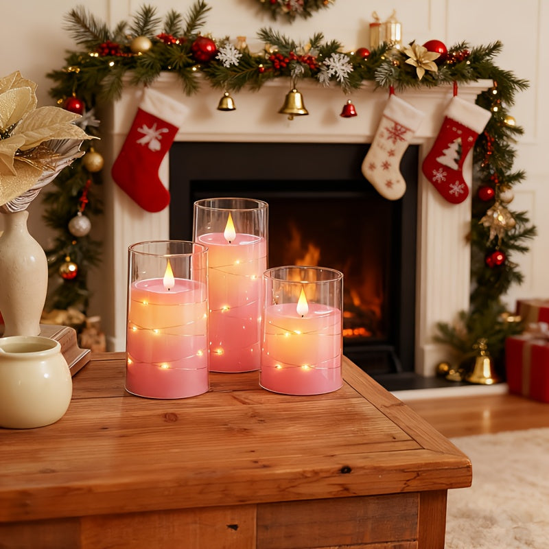 [Romantic Flameless LED Candles] 3pcs Realistic Flameless LED Candles with Remote & String Lights - 2D Flat, Battery Operated Flameless Candle Lights, Pink Table Centerpieces for Wedding, Christmas, Valentine's, Party Decor -