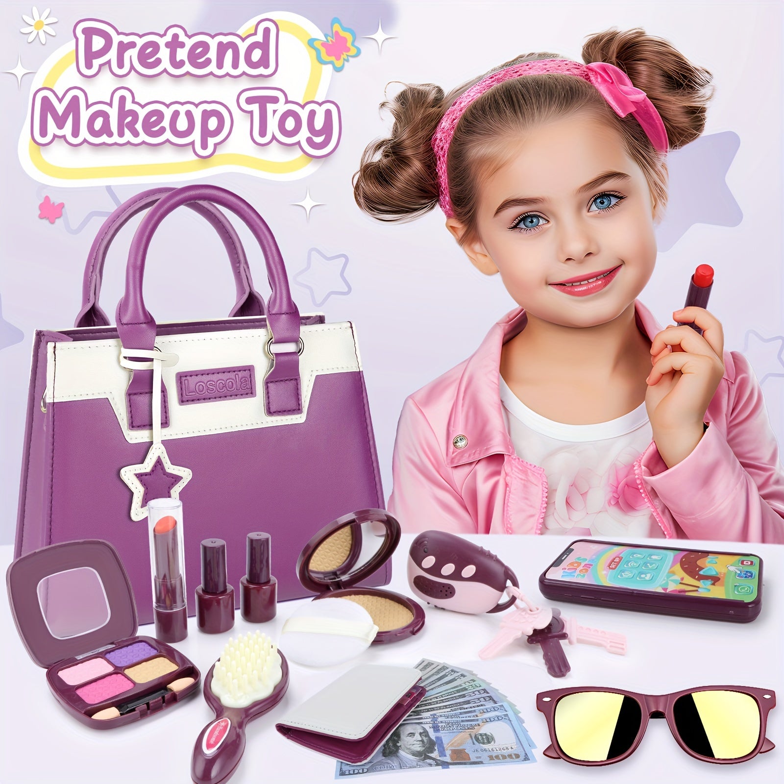 28PCS Princess Toys Play Purse with Pretend Makeup, Little Girls Play Purse for Ages 3-6, Christmas Birthday Gift For Girls Age 3+