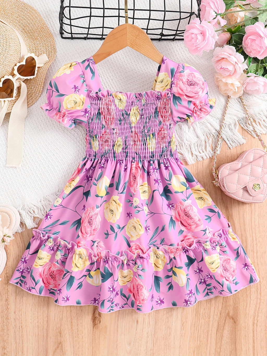Girls Puff Sleeve Floral Shirred Ruffled Hem Party Dress Kids Summer Clothes
