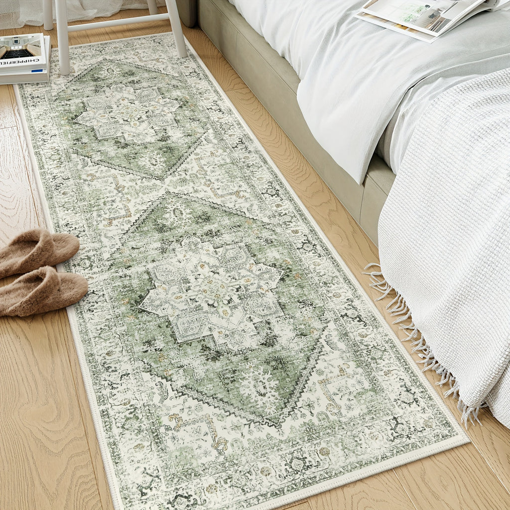 Vintage Distressed Accent Rug - Area Rugs with Non-Slip Low-Pile Retro Carpet Print, Washable and Durable for Bedroom, Living Room, Office, and More - Unique Tribal Pattern, Easy to Clean, and Fade-Resistant