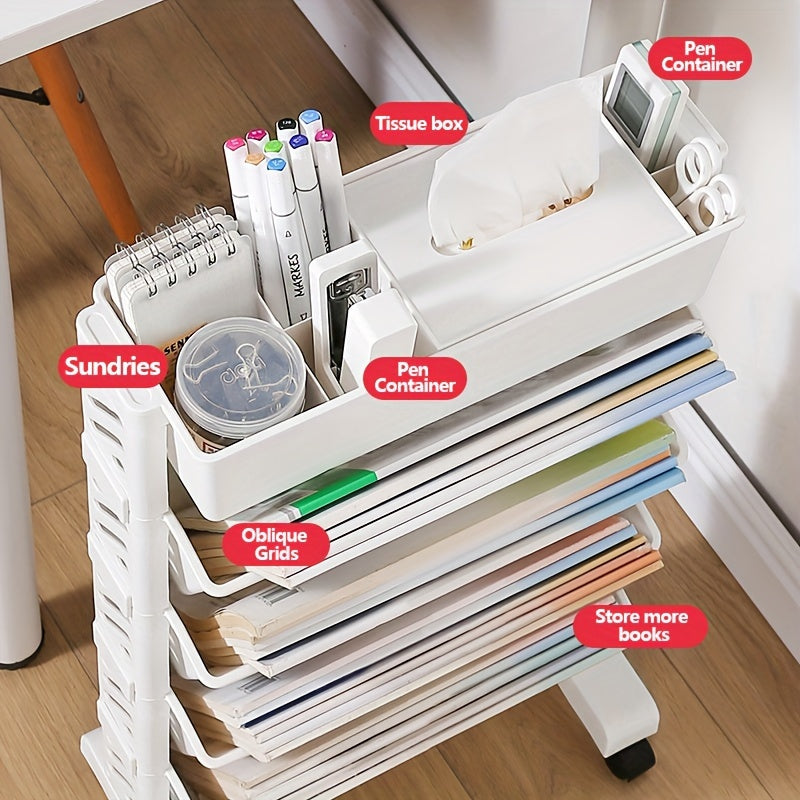 1pc Five-Level Movable Bookshelf, Desk Side Shelf, Floor Cart with Pen Holder for Office Study Supplies Storage and Document Storage