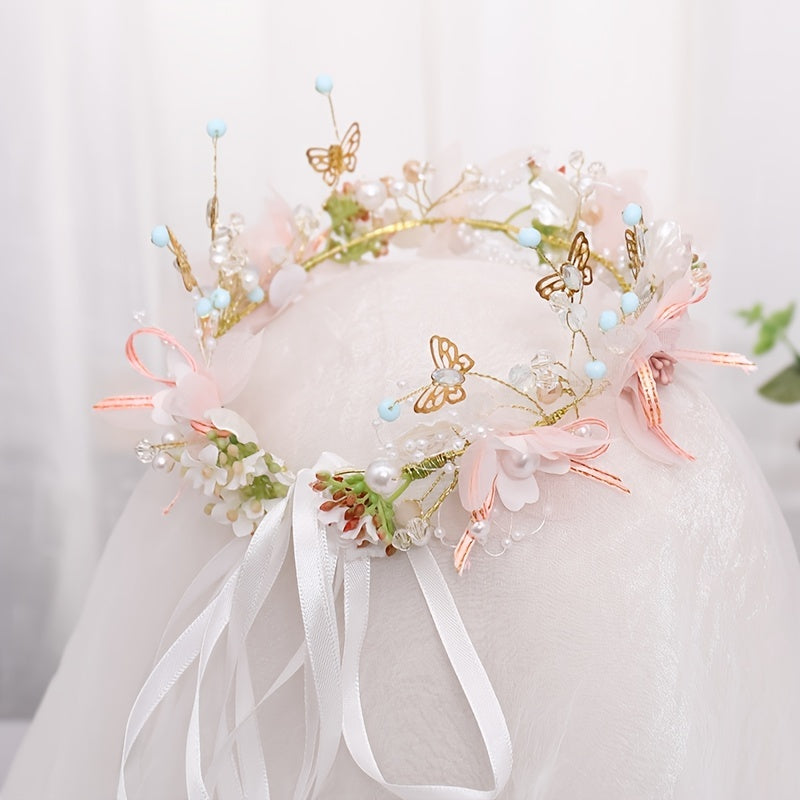 Flower   Headband, Fairy Headpiece Wreath, Sweet Butterfly Flower Headband For Flower Girl, Flower   Crown, Bridal Hair Accessories