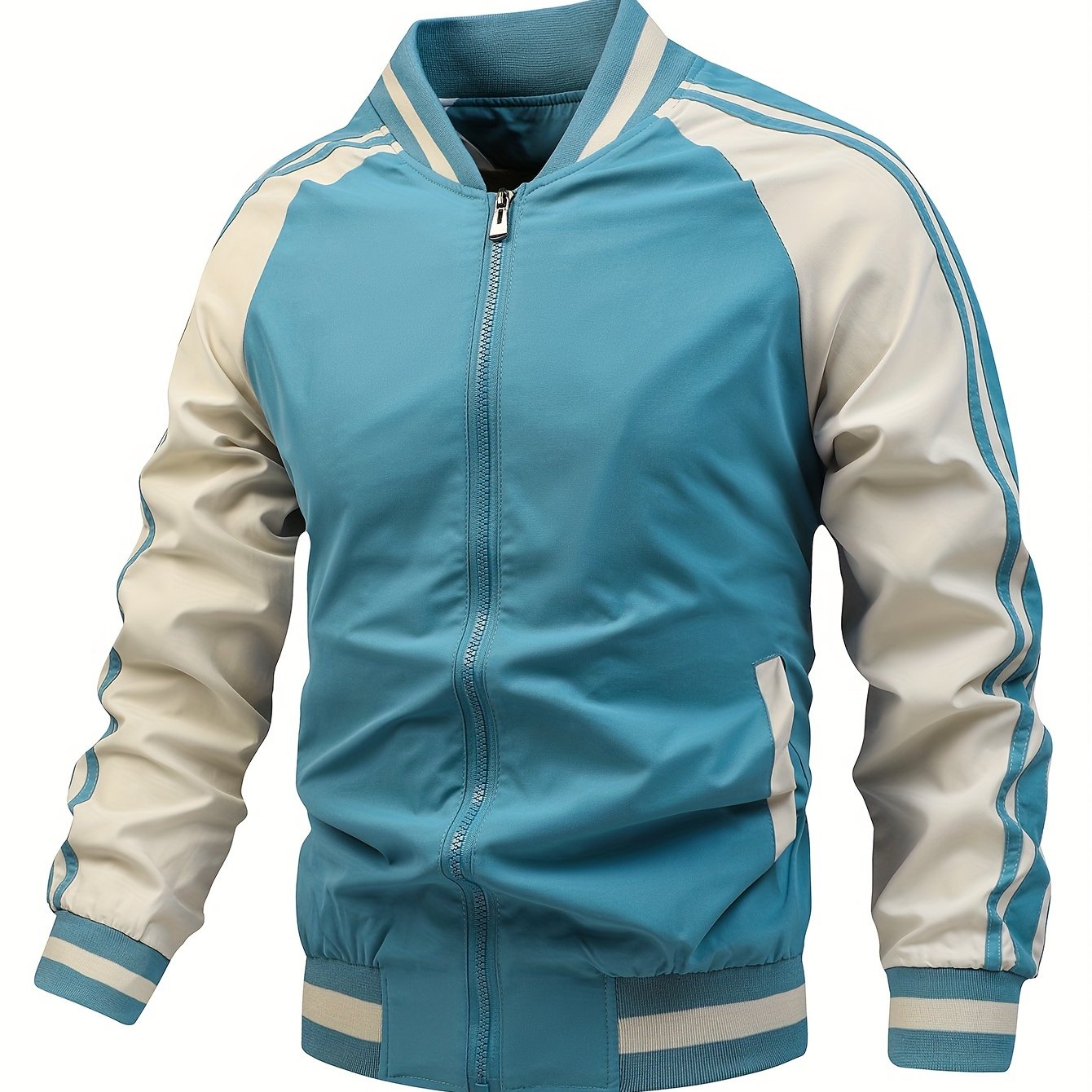 Men's Color Block Graphic Sports Jacket, Casual Striped Zip Up Varsity Jacket For Outdoor Fall Winter